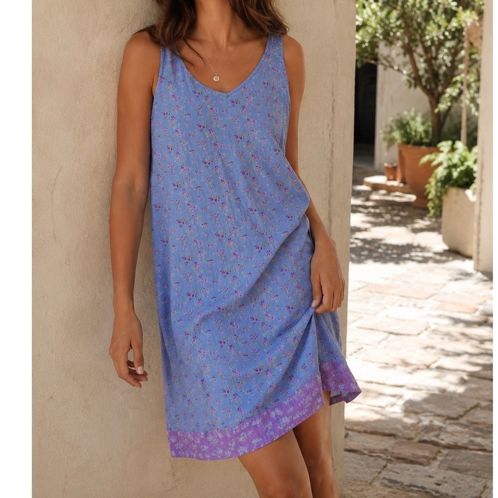 Vintage y2k Gap Blue Purple Floral Sleeveless V-Neck Dress Summer 2000 Medium